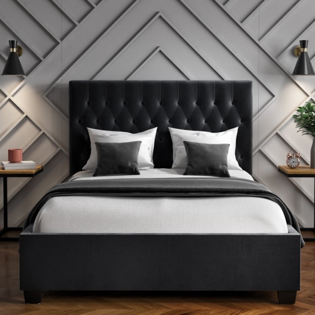 Dark Grey Velvet Double Ottoman Bed with Chesterfield Headboard - Safina