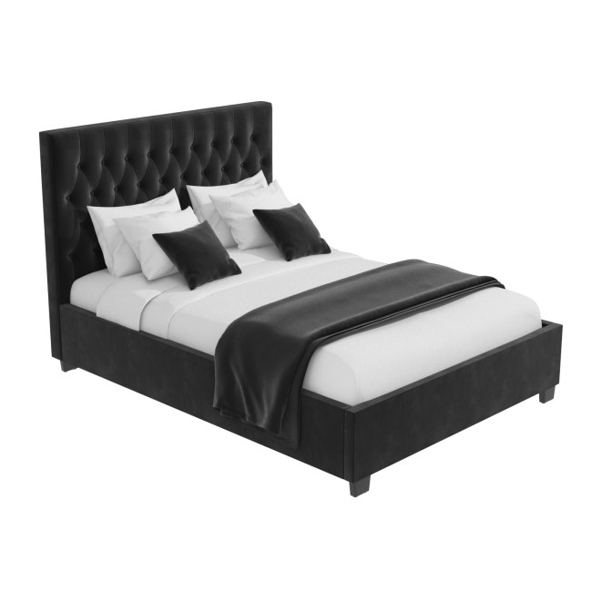 Dark Grey Velvet Double Ottoman Bed with Chesterfield Headboard - Safina