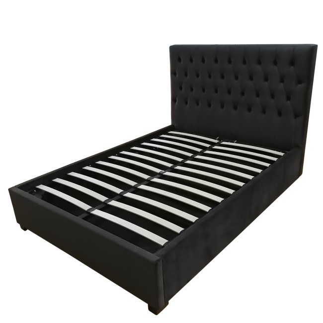 Dark Grey Velvet Double Ottoman Bed with Chesterfield Headboard - Safina