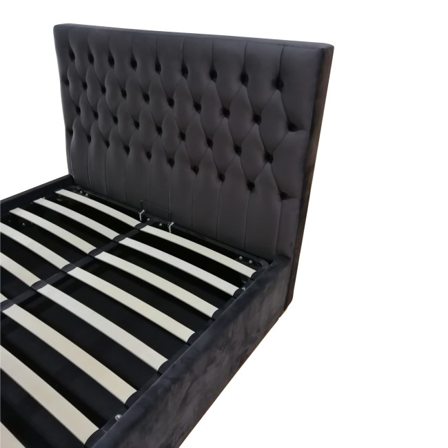 Dark Grey Velvet Double Ottoman Bed with Chesterfield Headboard - Safina