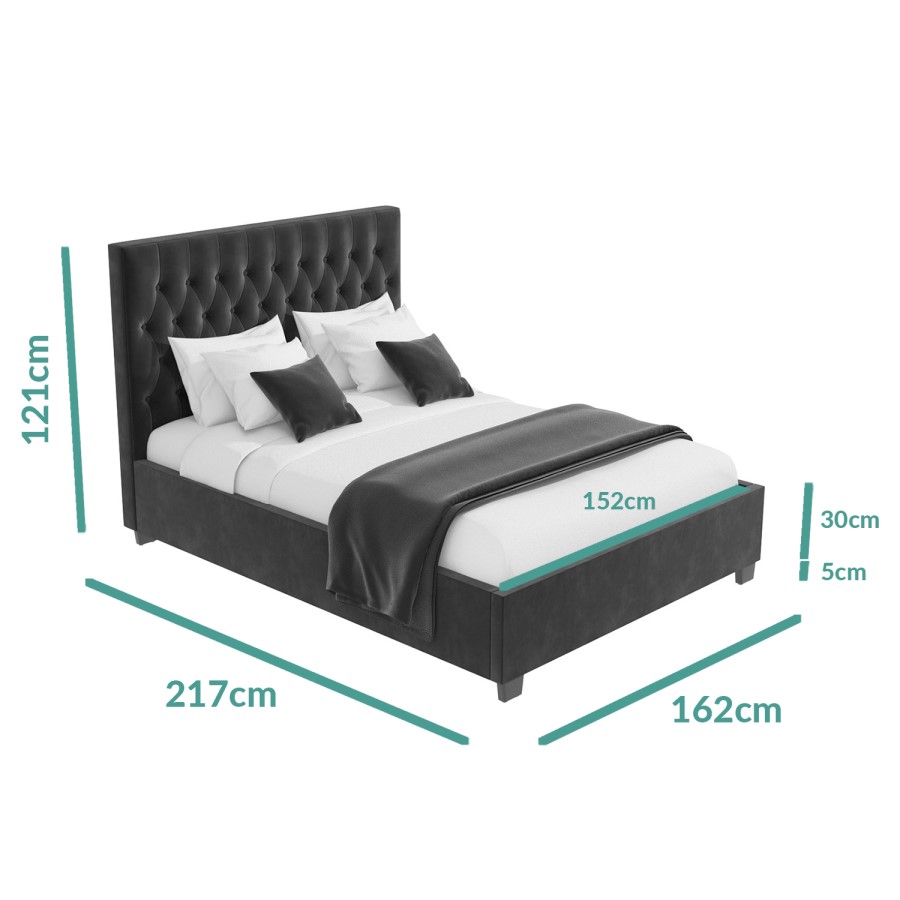 Dark Grey Velvet King Size Ottoman Bed with Chesterfield Headboard - Safina
