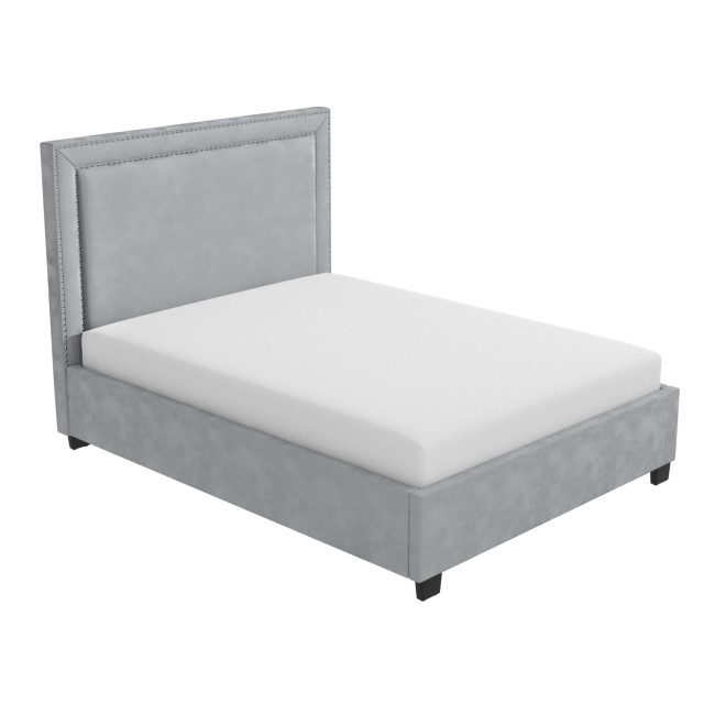 Grey Velvet Double Ottoman Bed with Studded Headboard - Safina