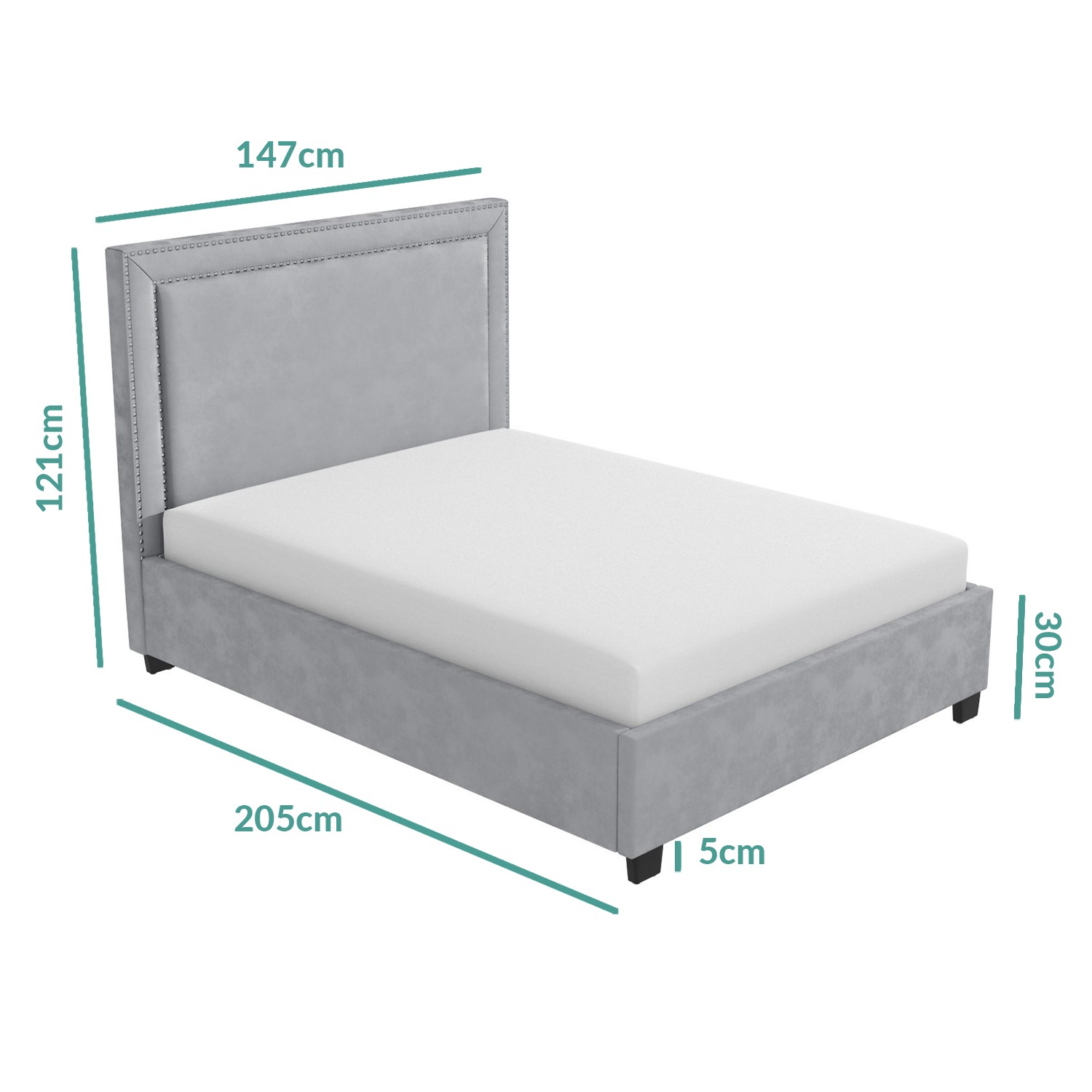 Safina Light Grey Velvet Double Ottoman Bed with Studded Headboard