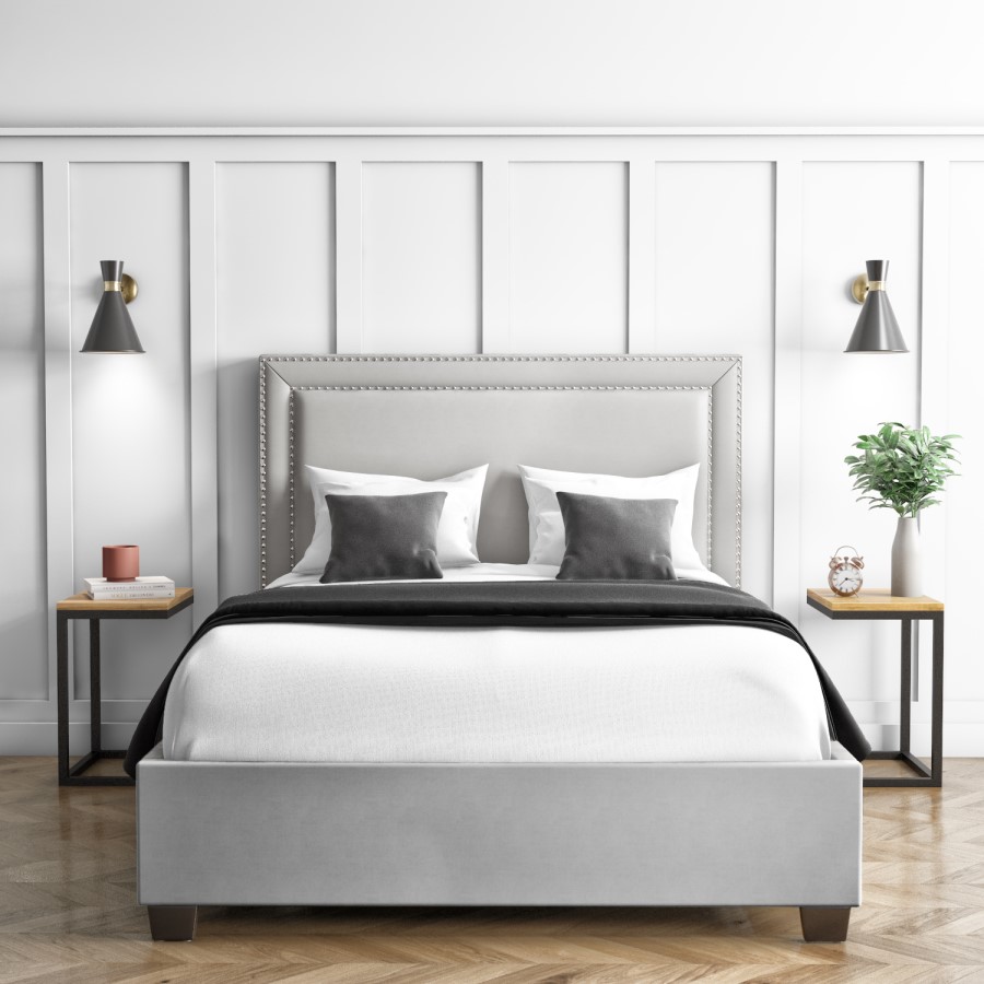 Safina Light Grey Velvet King Size Ottoman Bed with Studded Headboard