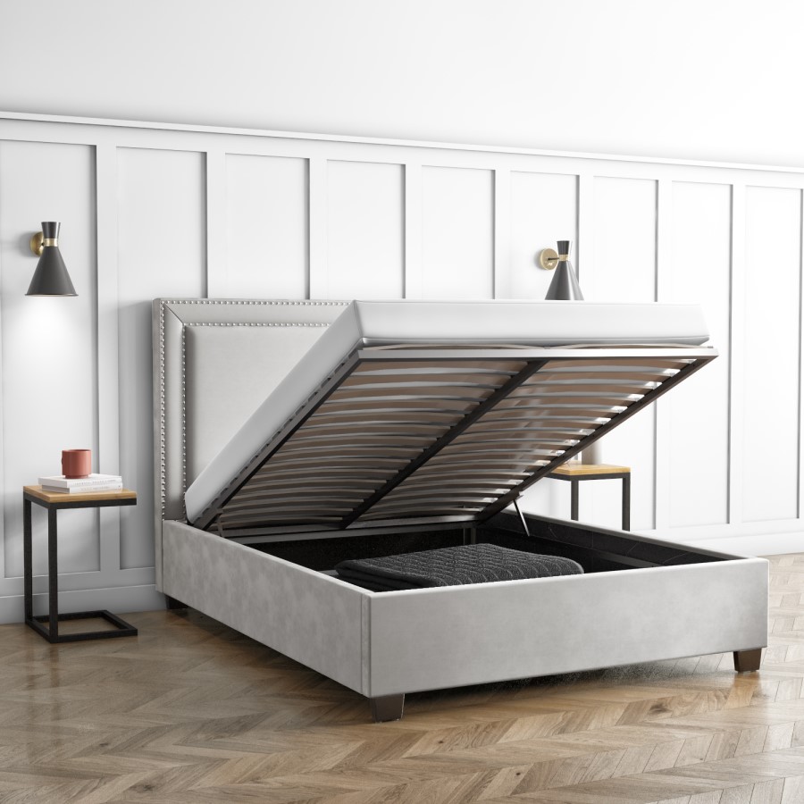 Safina Light Grey Velvet King Size Ottoman Bed with Studded Headboard