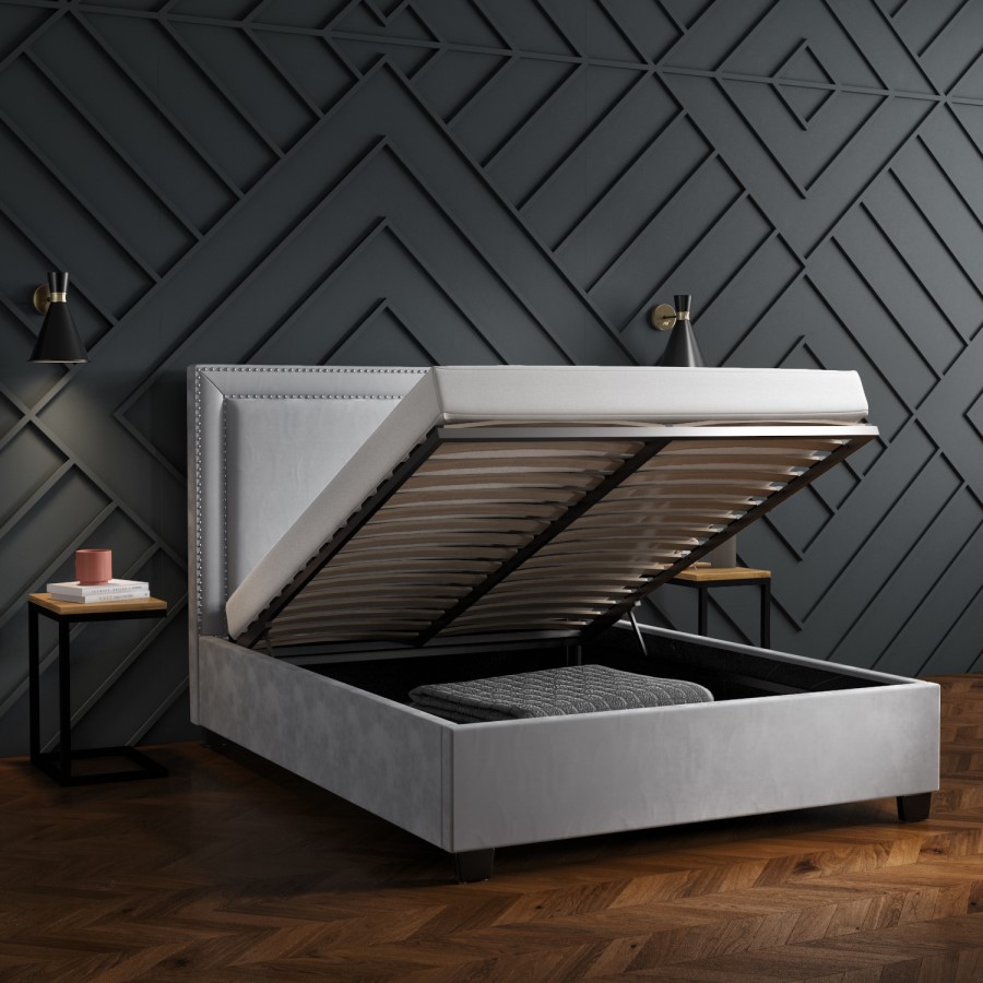 GRADE A1 - Safina Studded Velvet King Size Ottoman Bed in Silver Grey