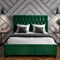 Green Velvet Double Ottoman Bed with Chesterfield Headboard - Safina