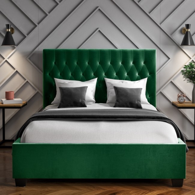 Green Velvet Double Ottoman Bed with Chesterfield Headboard - Safina