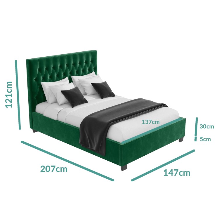 Green Velvet Double Ottoman Bed with Chesterfield Headboard - Safina