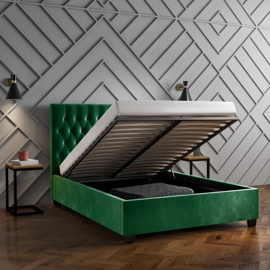 GRADE A1 - Safina King Size Ottoman Bed in Dark Green with Quilted Button Headboard