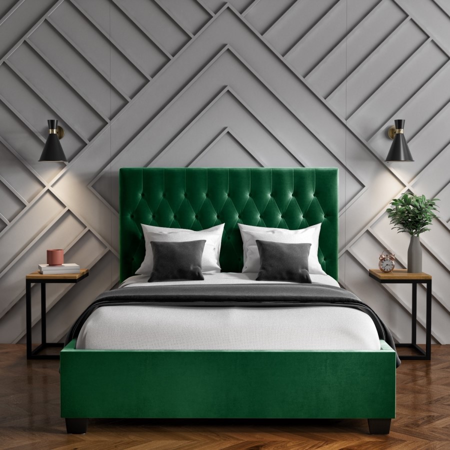GRADE A1 - Safina King Size Ottoman Bed in Dark Green with Quilted Button Headboard