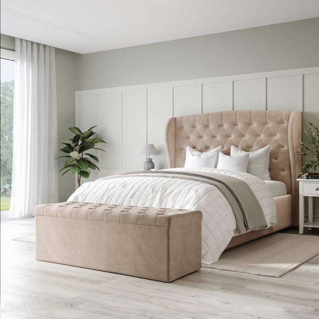 Beige Velvet Double Ottoman Bed with Winged Headboard - Safina