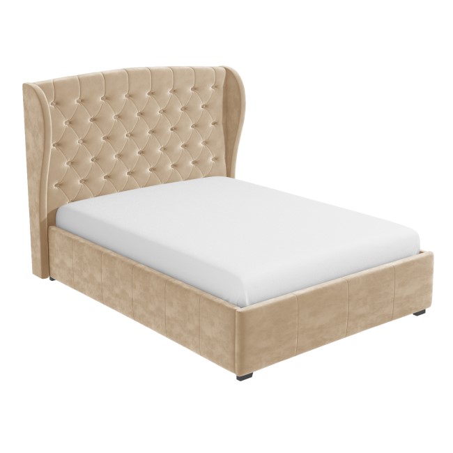 GRADE A1 - Beige Velvet Small Double Ottoman Bed with Winged Headboard - Safina