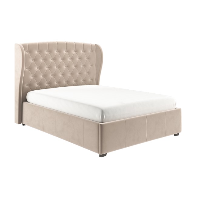 Beige Velvet Double Ottoman Bed with Winged Headboard - Safina