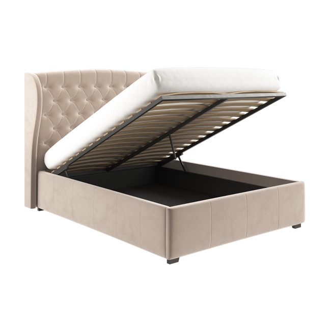 Beige Velvet Double Ottoman Bed with Winged Headboard - Safina