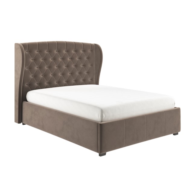 Mink Brown Velvet Double Ottoman Bed with Winged Headboard - Safina