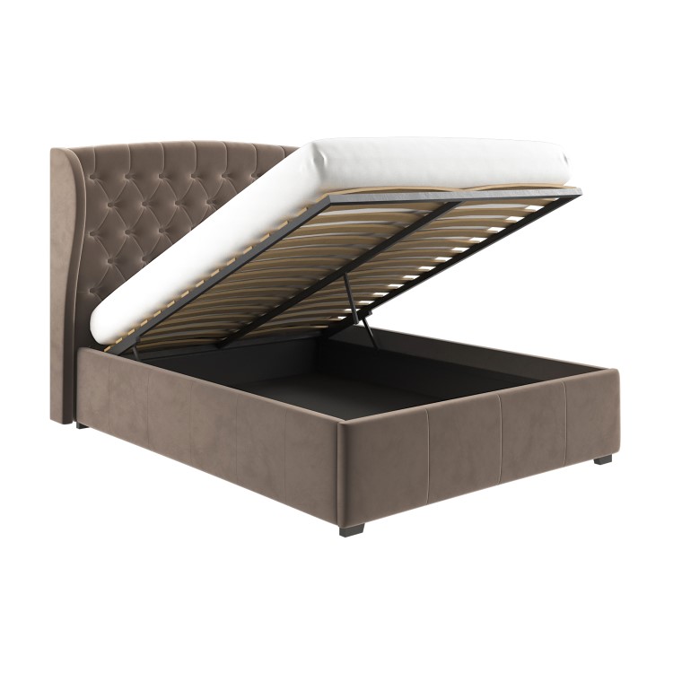 GRADE A2 - Mink Brown Velvet Double Ottoman Bed with Winged Headboard - Safina