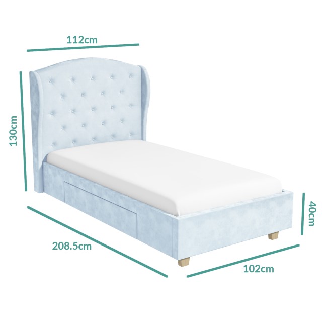 Safina Wing Back Single Bed in Baby Blue Velvet with Underbed Drawer