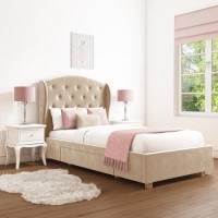 Safina Beige Velvet Single Bed with Drawer and Winged Headboard