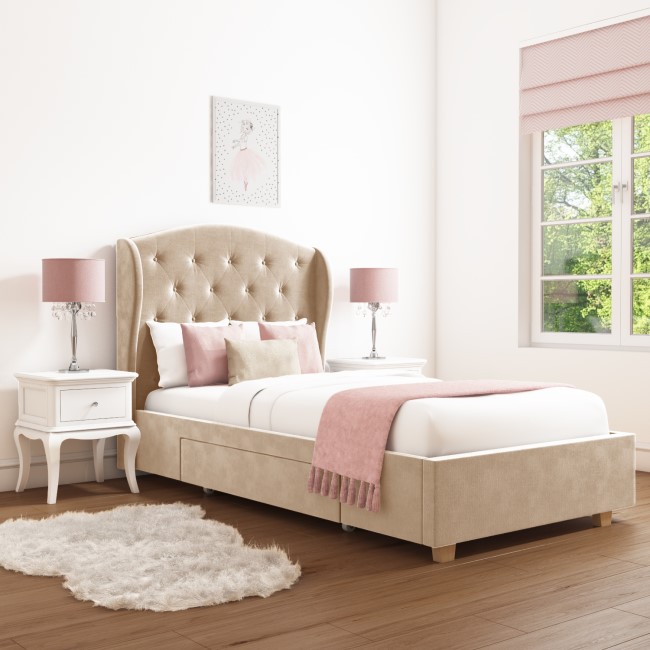 Safina Beige Velvet Single Bed with Drawer and Winged Headboard ...