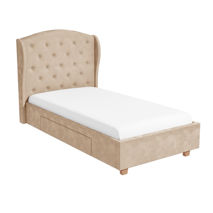 Safina Beige Velvet Single Bed with Drawer and Winged Headboard