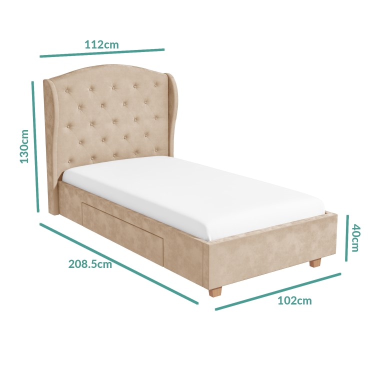 Safina Beige Velvet Single Bed with Drawer and Winged Headboard