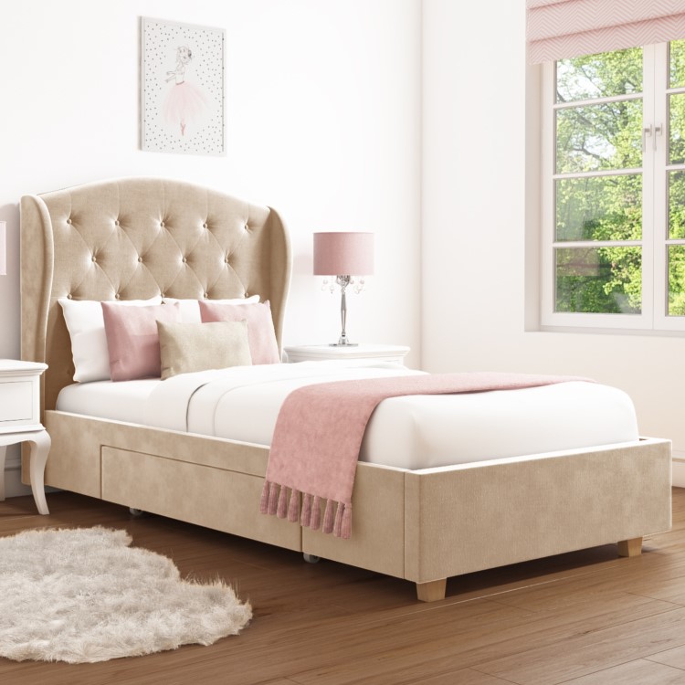 Safina Beige Velvet Single Bed with Drawer and Winged Headboard