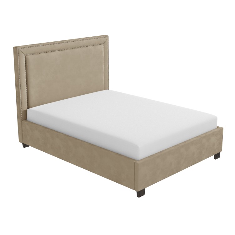 Safina Beige Velvet King Size Ottoman Bed with Studded Headboard