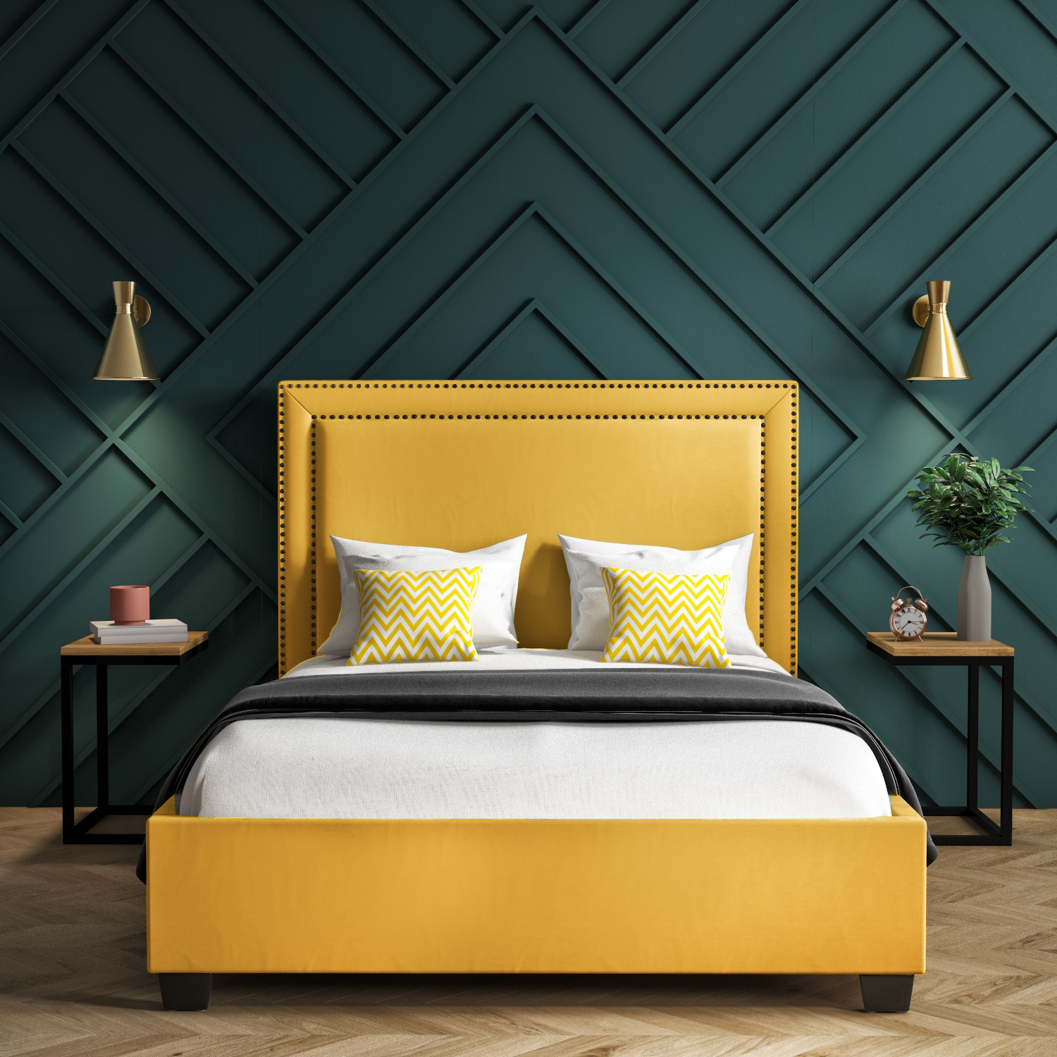 Yellow Velvet Double Ottoman Bed with Studded Headboard Safina