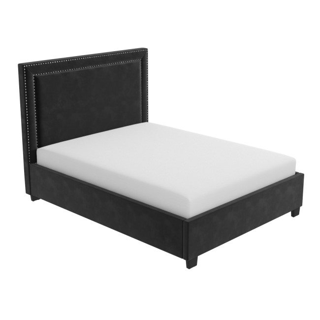 Dark Grey Velvet Double Ottoman Bed with Studded Headboard - Safina