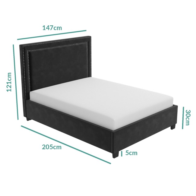 Dark Grey Velvet Double Ottoman Bed with Studded Headboard - Safina