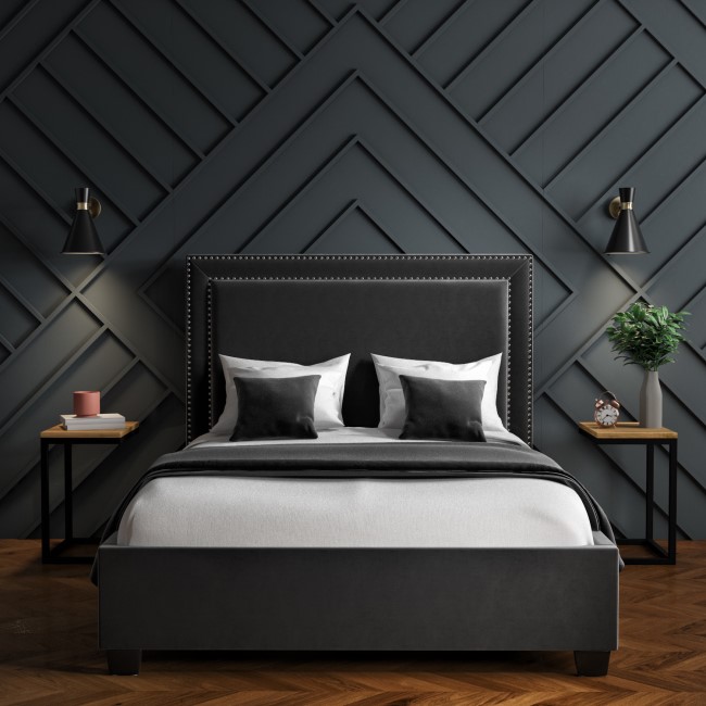 GRADE A1 - Safina Studded Velvet King Size Ottoman Bed in Dark Grey