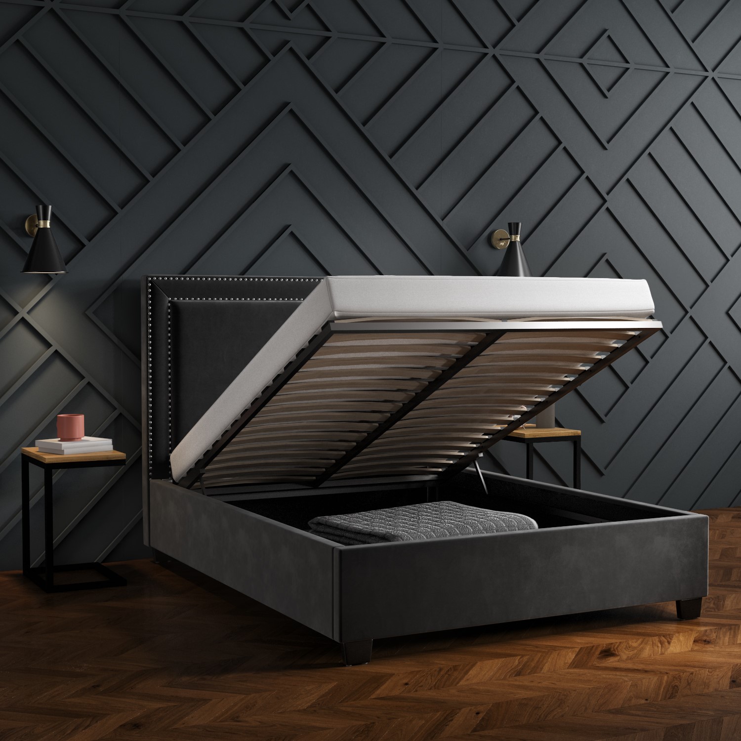 Dark Grey Velvet King Size Ottoman Bed With Studded Headboard Safina dark-grey-velvet-king-size-ottoman-bed-with-studded-headboard-safina
