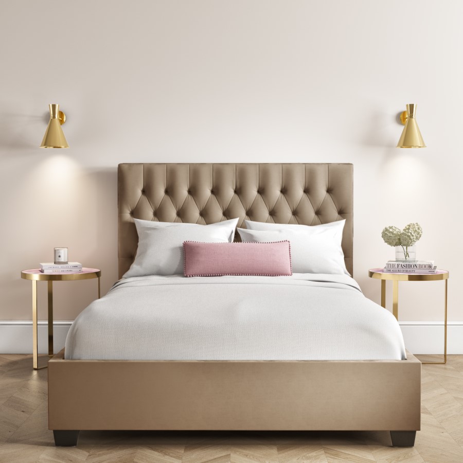 Beige Velvet Double Ottoman Bed with Chesterfield Headboard - Safina