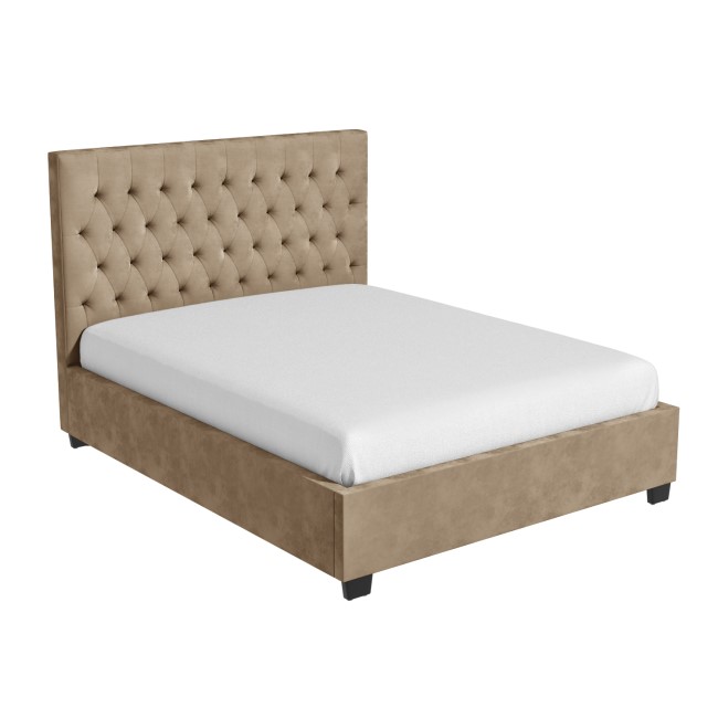 Beige Velvet Double Ottoman Bed with Chesterfield Headboard - Safina