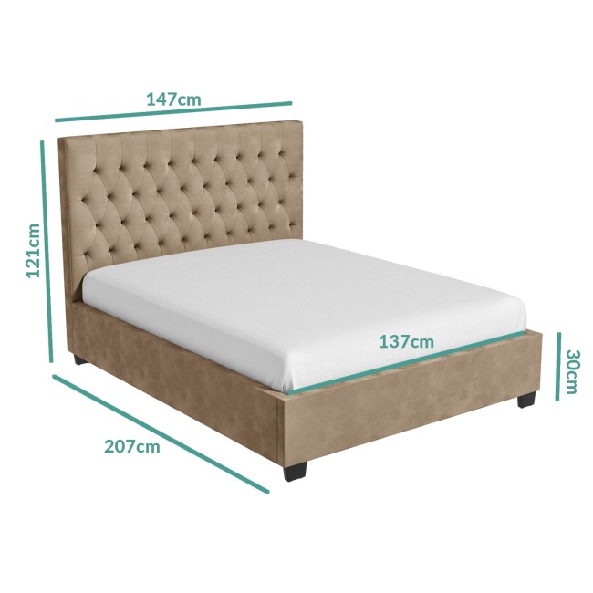 Beige Velvet Double Ottoman Bed with Chesterfield Headboard - Safina