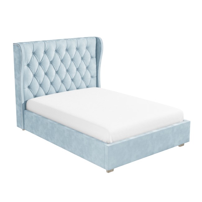 Light Blue Velvet Double Ottoman Bed with Winged Headboard - Safina