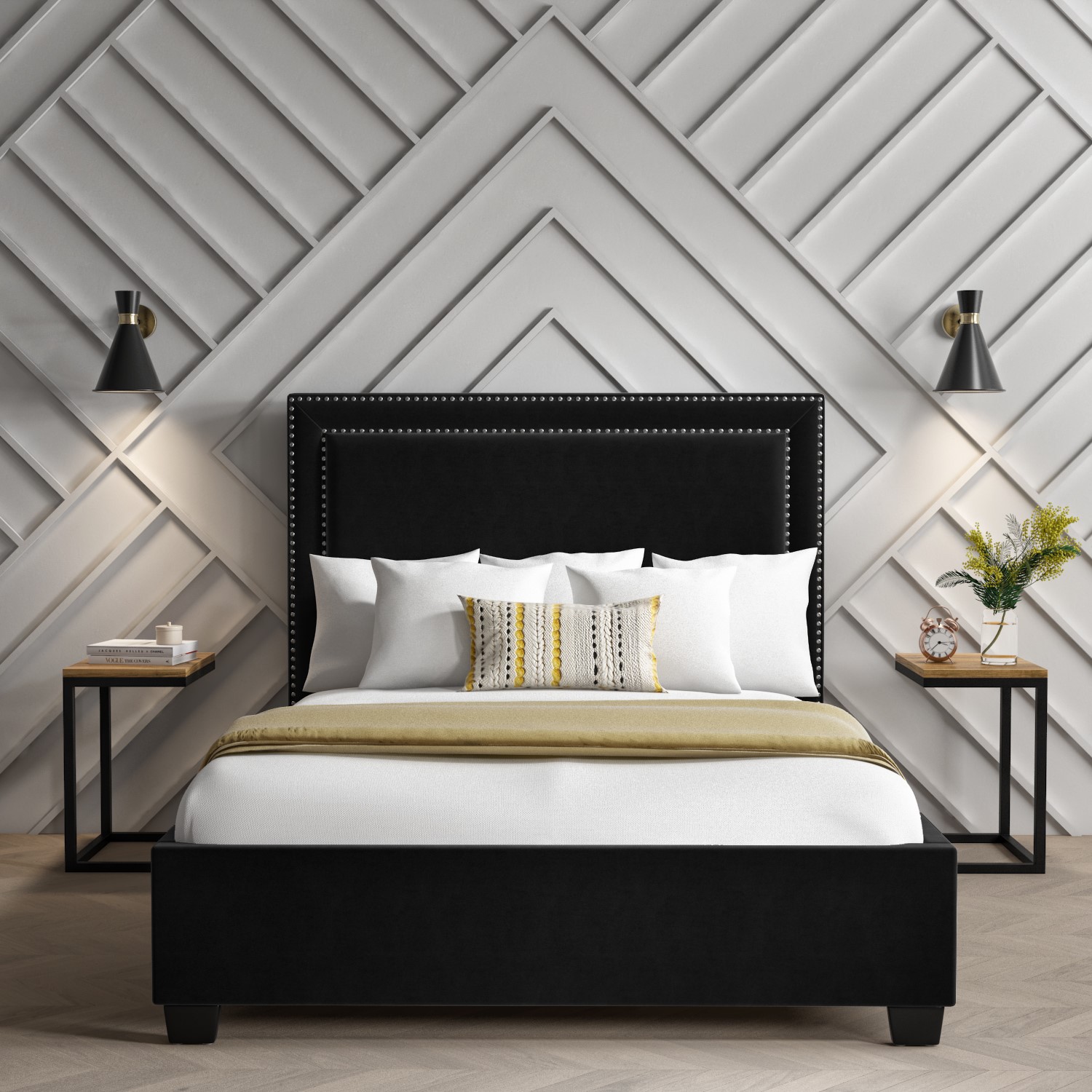 Safina Black Velvet Double Ottoman Bed, Studded Bed Frame Queen