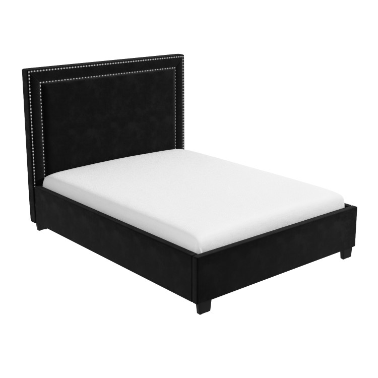 Black Velvet Double Ottoman Bed with Studded Headboard - Safina