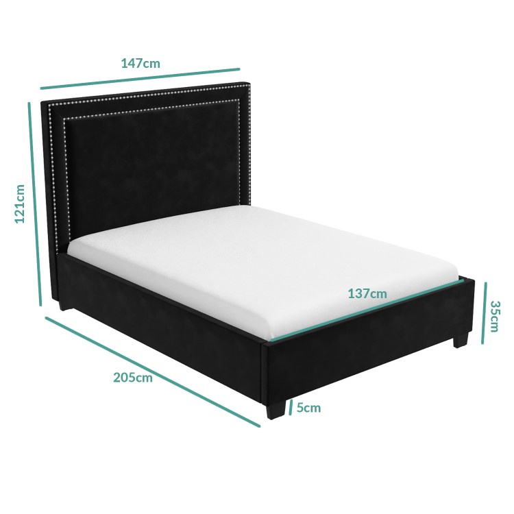 Black Velvet Double Ottoman Bed with Studded Headboard - Safina