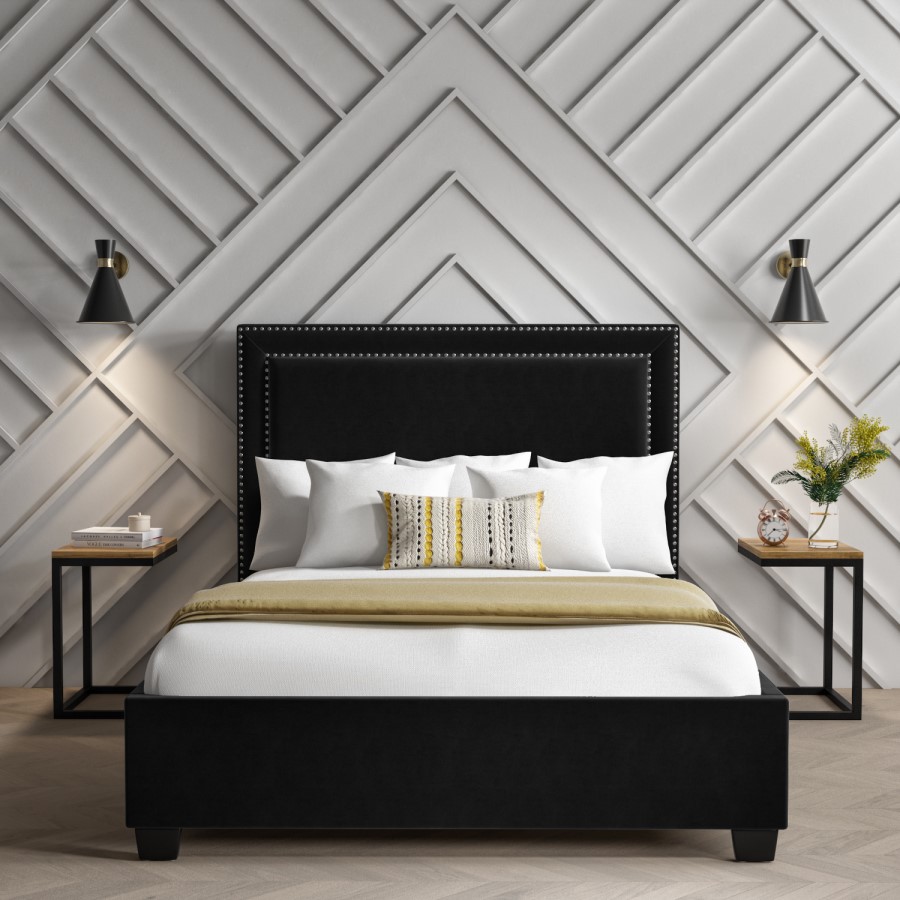 Black Velvet King Size Ottoman Bed with Studded Headboard - Safina