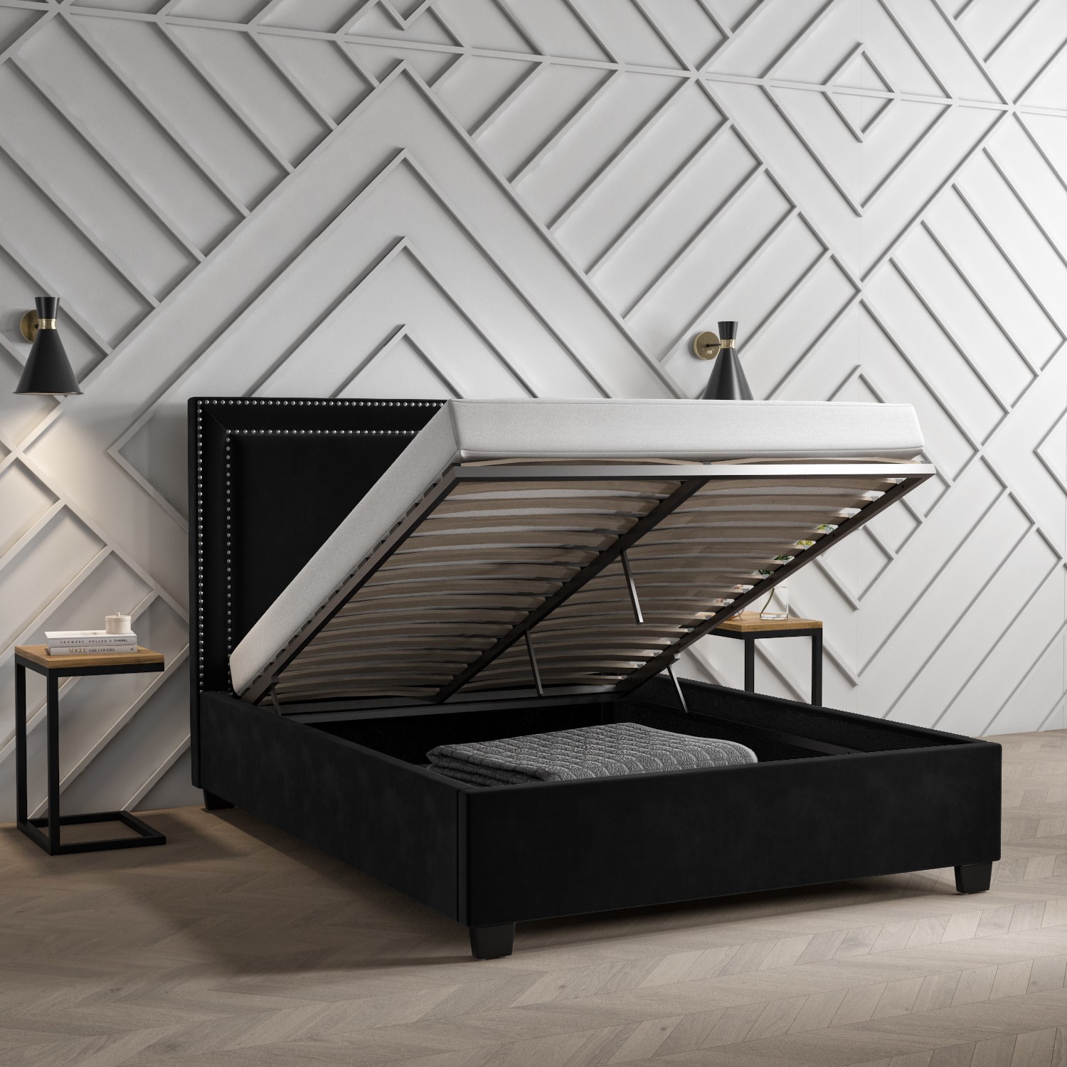 Black Velvet King Size Ottoman Bed With Studded Headboard Safina black-velvet-king-size-ottoman-bed-with-studded-headboard-safina