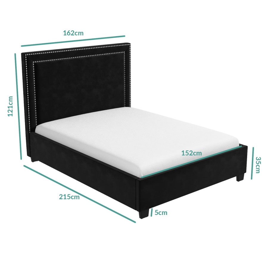 Black Velvet King Size Ottoman Bed with Studded Headboard - Safina