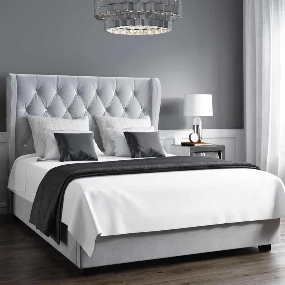Safina Light Grey Velvet Small Double Ottoman Bed with Diamante