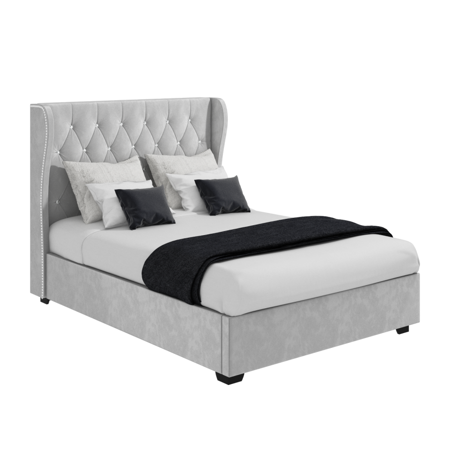 Safina Light Grey Velvet Small Double Ottoman Bed with Diamante