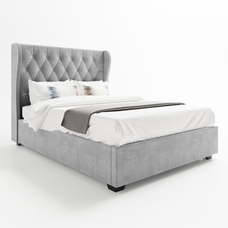 Grey Velvet Small Double Ottoman Bed with Diamante Headboard - Safina