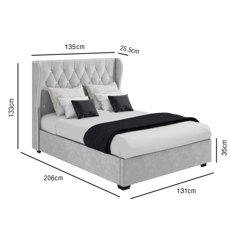 Grey Velvet Small Double Ottoman Bed with Diamante Headboard - Safina