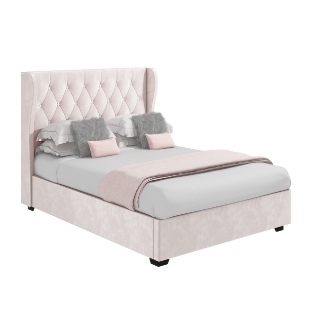 Pink Velvet Small Double Ottoman Bed with Diamante Headboard - Safina