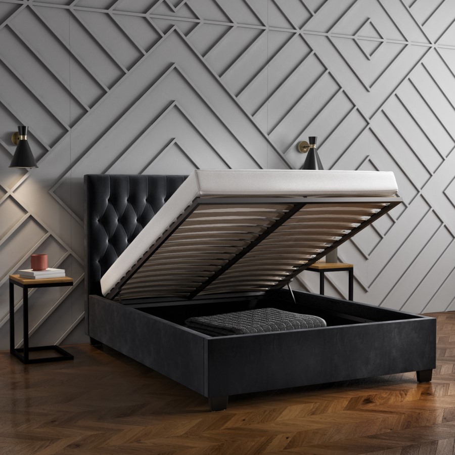 GRADE A2 - Safina Small Double Ottoman Bed in Dark Grey with Quilted Button Headboard