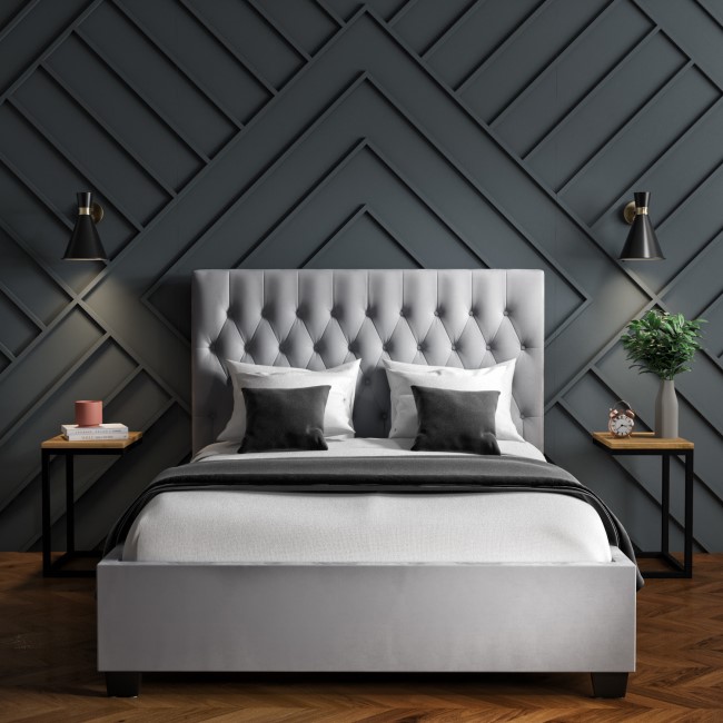 Grey Velvet Small Double Ottoman Bed with Chesterfield Headboard - Safina